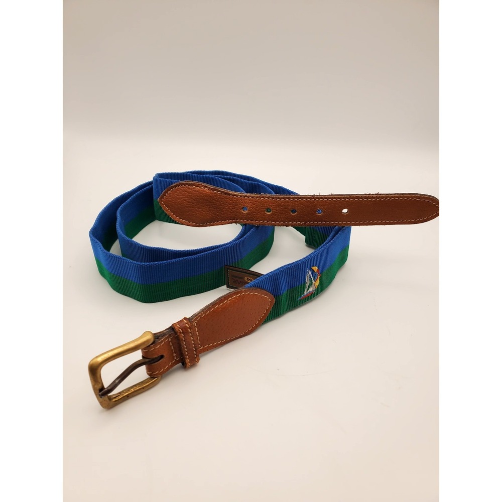 Vintage Trafalgar Brass Buckle Belt Sz XL, Green/Blue Fabric & Leather Detail
